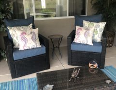 High End Patio Set – 2 Chairs w/ New Extra Thick Cushions, Glass Top Table, and Rug The Villages Florida