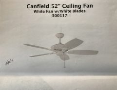 3 Canfield 54” white ceiling fans w/ option for light kit. 4 years old. Free delivery available. Installation help available. The Villages Florida